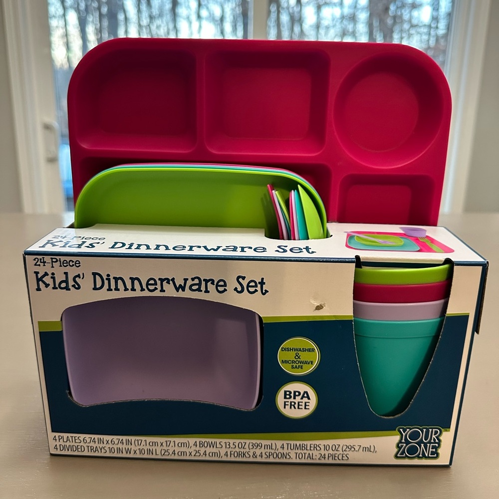 Your Zone 24-Piece Kids Plastic Dinnerware Set Pink Purple Green Trays Bowls Cup